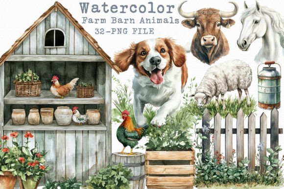 Charming Watercolor Farm Barn Animals Clipart