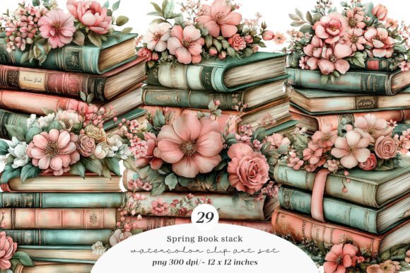 Enhancing Creative Projects with Whimsical Spring Book Stack Clipart