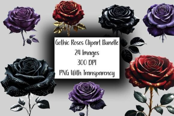 Gothic Rose Blooms Clipart Bundle PNG