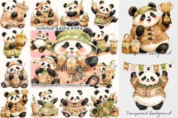 Summer Boba Panda Picnic Watercolor