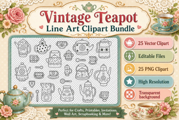 Vintage Teapot Line Art Clipart Bundle: Elevate Your Creative Projects with Timeless Charm