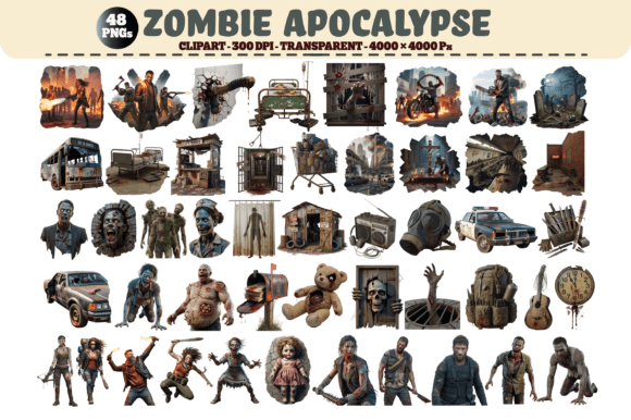 Zombie Apocalypse Clipart: 48 High-Res PNGs